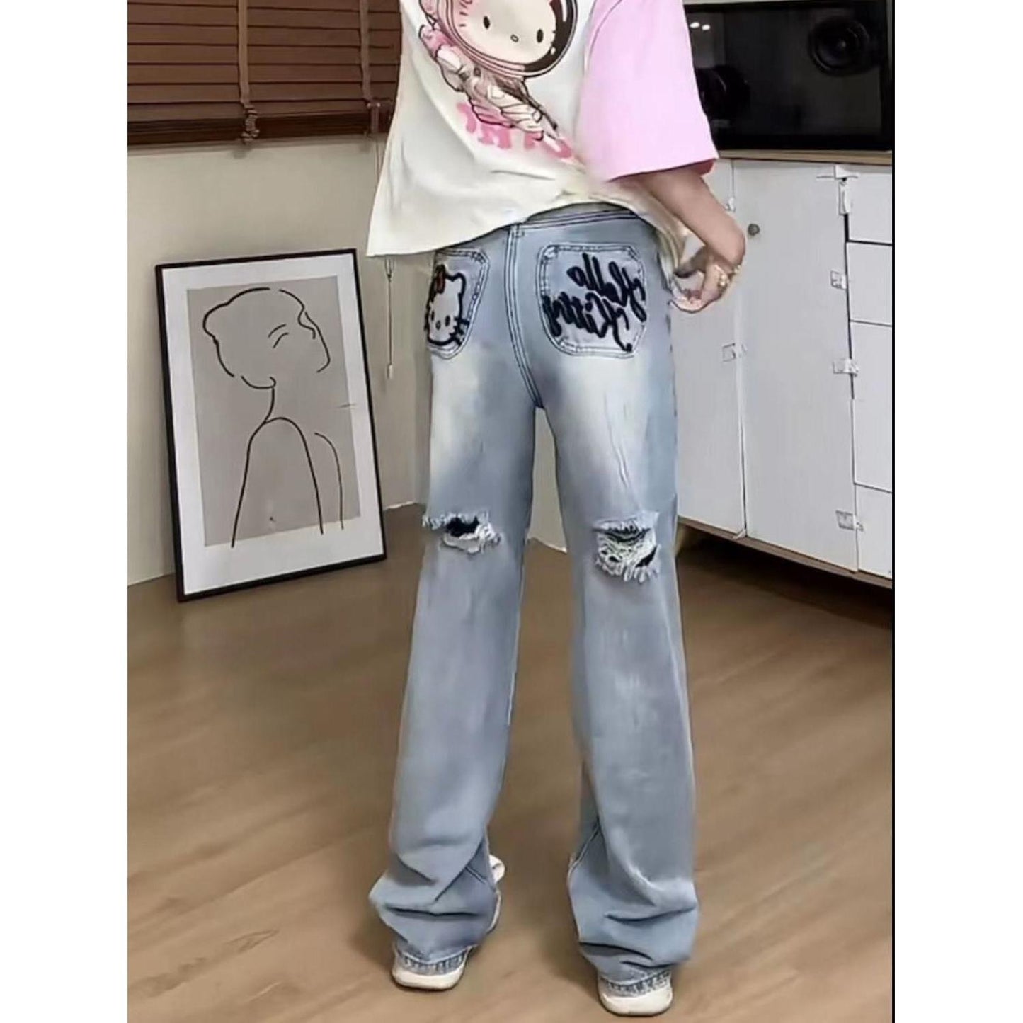 ハイウエスト ダメージ加工 着痩せ ルーズ ワイドデニムパンツ U-13051