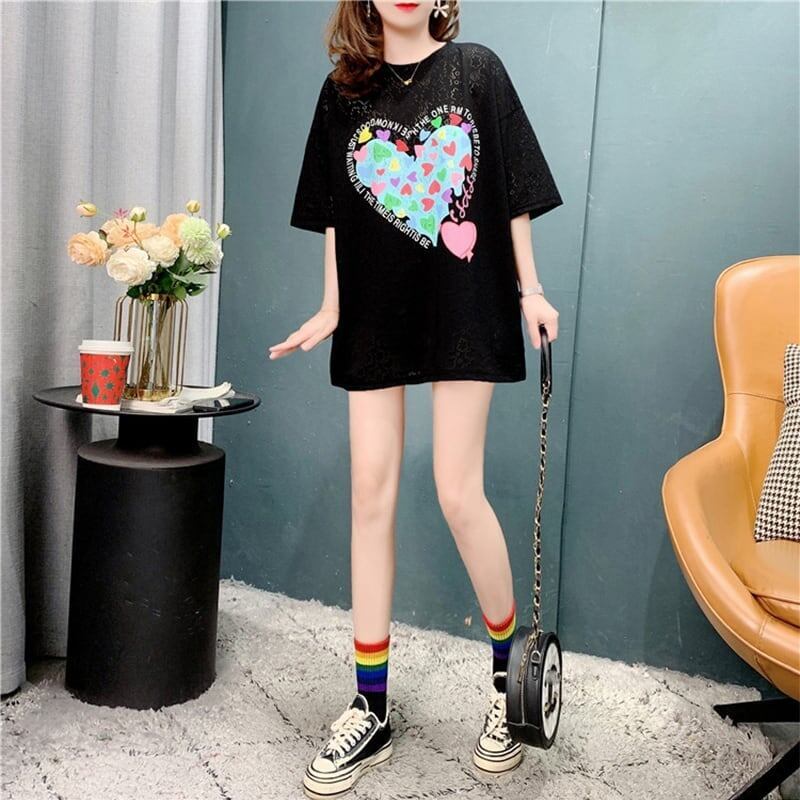 スタイリッシュ 切り替え 一目惚れ プリント Tシャツ カットソー<U-3579>