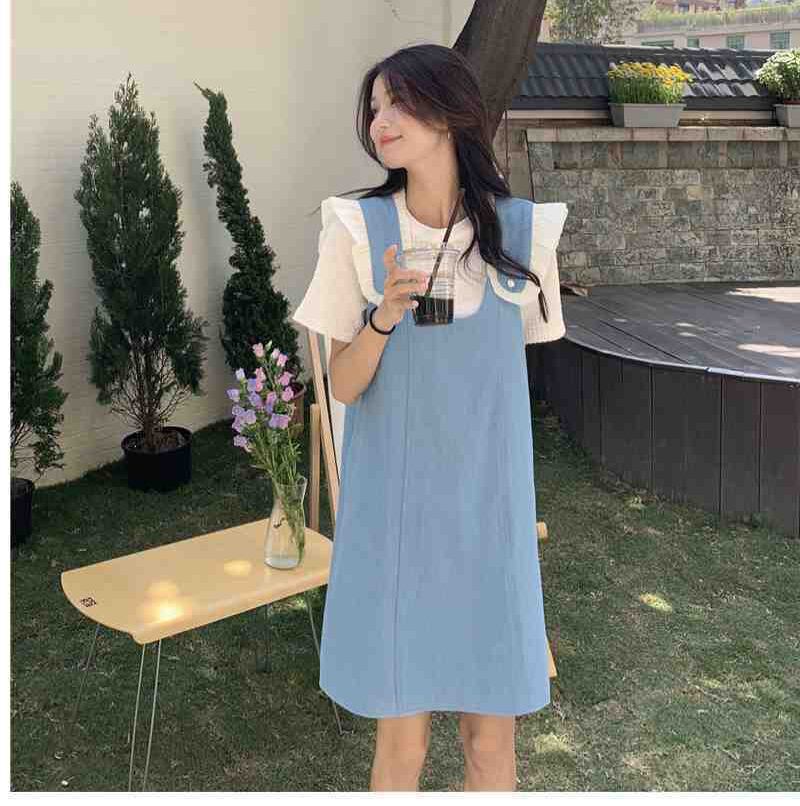 美人度アップ デニム 大人可愛い 全2色 半袖Tシャツ+サスペンダースカート セット<U-8782>