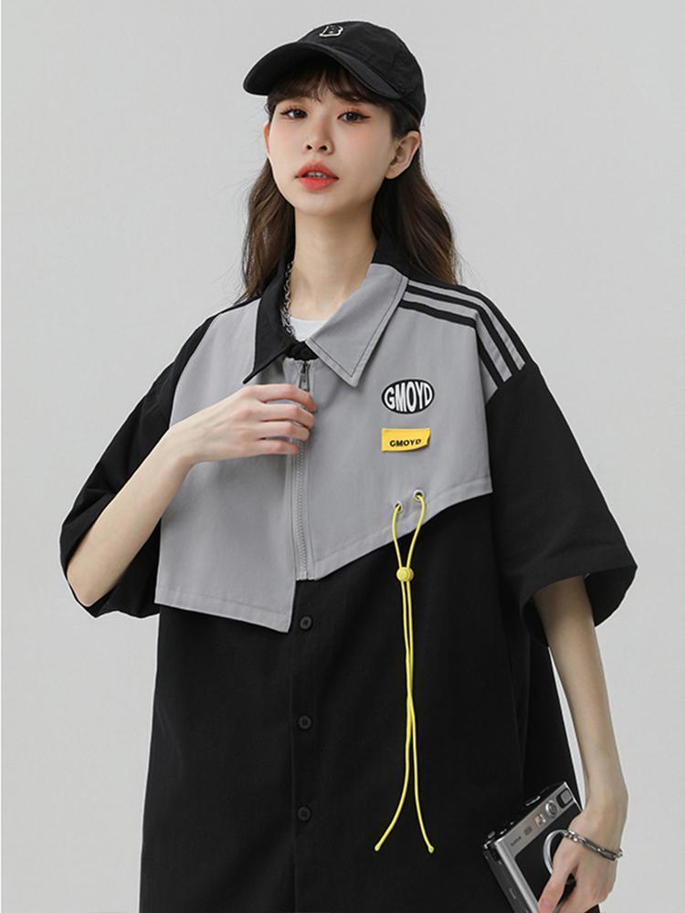 シンプルだけど一癖あるコーデ 切り替え レイヤード風 全2色 半袖Tシャツ<U-9046>