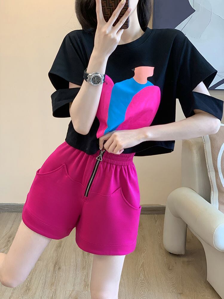 着回し力抜群 上質 好感度UP プリント 半袖Tシャツ ショートパンツ セットアップ <U-8859>