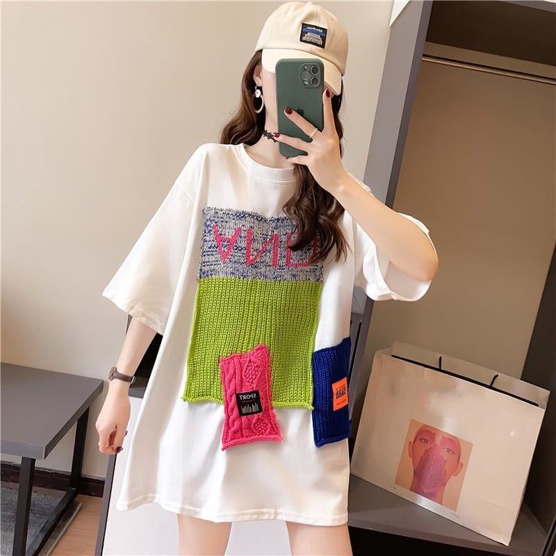 【半額!期間限定!!】ゆったりロング丈切り替え三色半袖Tシャツ<U-1565>