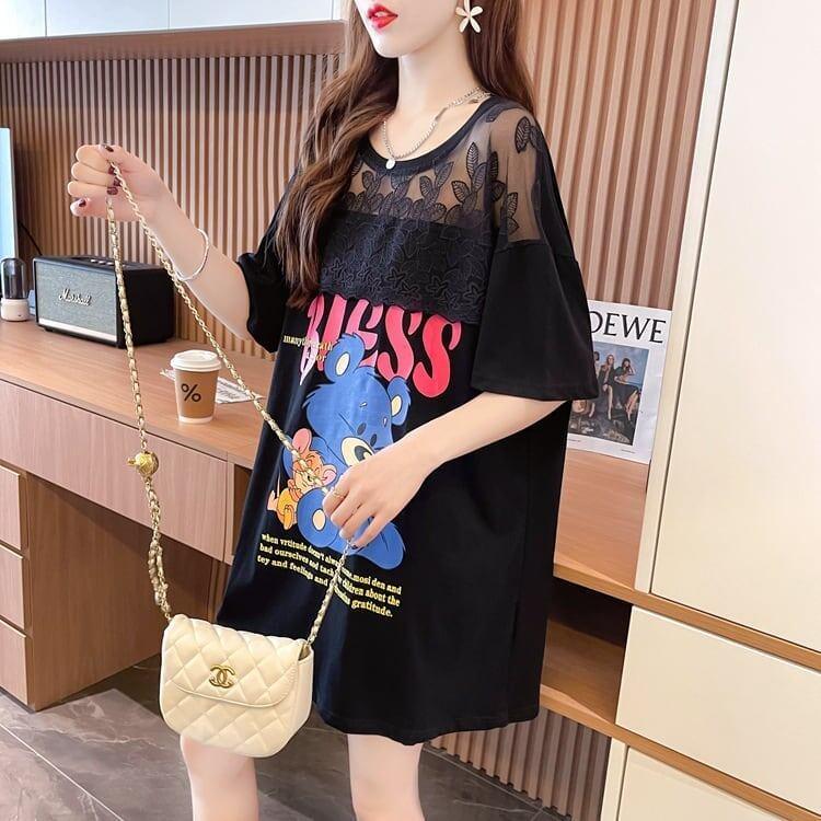 ファッションデザインレースミドル丈半袖Tシャツ<U-3017>