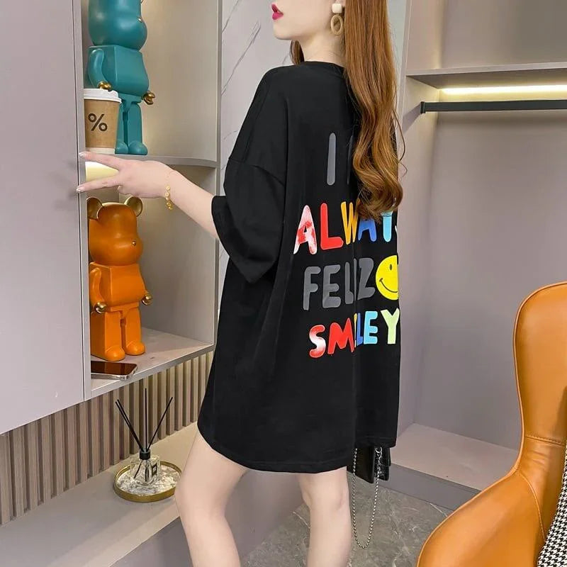 レインボースマイリーファッションオールマッチルーズ半袖Tシャツ<U-2860>