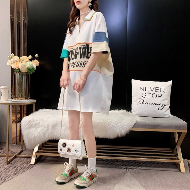 韓国系 切り替え POLOネック ファスナー ロング Tシャツ 二色 ゆったりワンピース <U-3015>