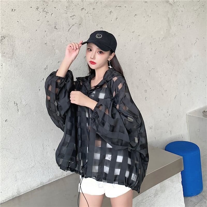 大人気 チェック柄 ゆったり 日焼け対策 UVカット 冷房対策 着?せ 長袖 フード付き シャツ <U-1910>
