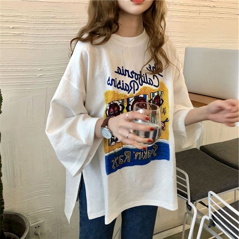合わせやすい 切り替え 美人度アップ プリント Tシャツ カットソー<U-3447>
