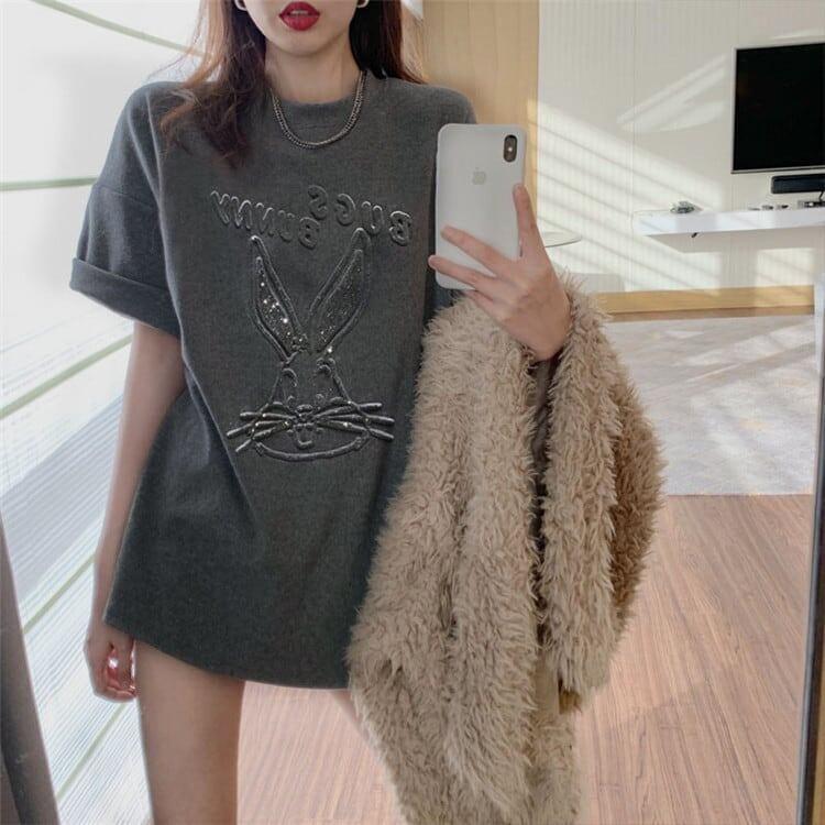 美人度アップ ウサギ ビジュー ロング Tシャツ 三色 ゆったり半袖<U-2945>