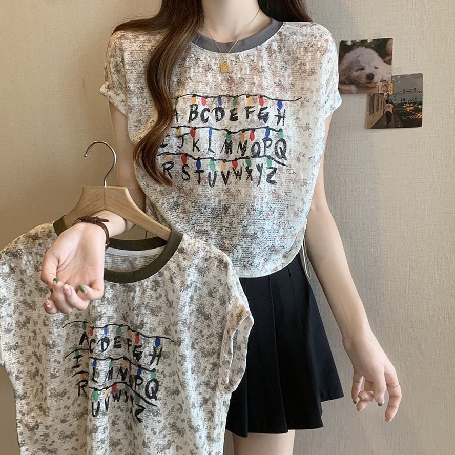 好感度UP カジュアル 大人可愛い プリント 全2色 半袖 Tシャツ<U-8822>