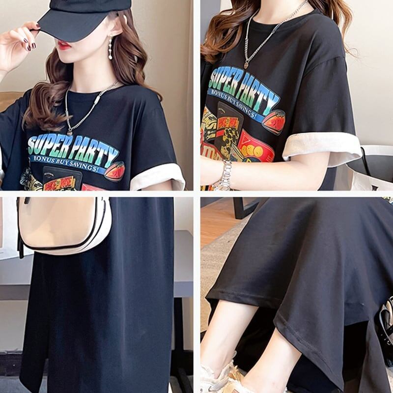スタイリッシュ プリント 一目惚れ Tシャツ カットソー ワンピース<U-3575>