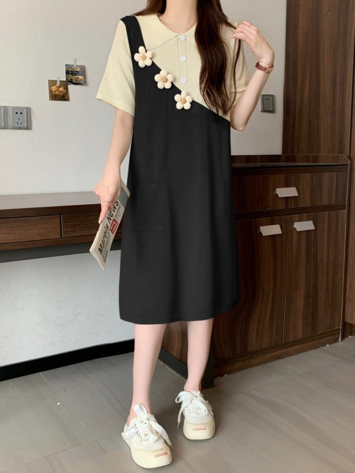 大人可愛い カジュアル 上質 切り替え レイヤード風 2色選択可 ワンピース<U-8888>