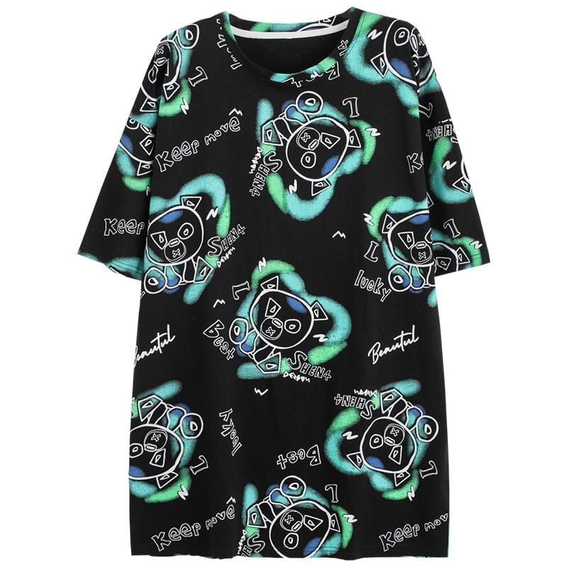 好感度満載 プリント 美感いっぱい Tシャツ カットソー ワンピース<U-3501>