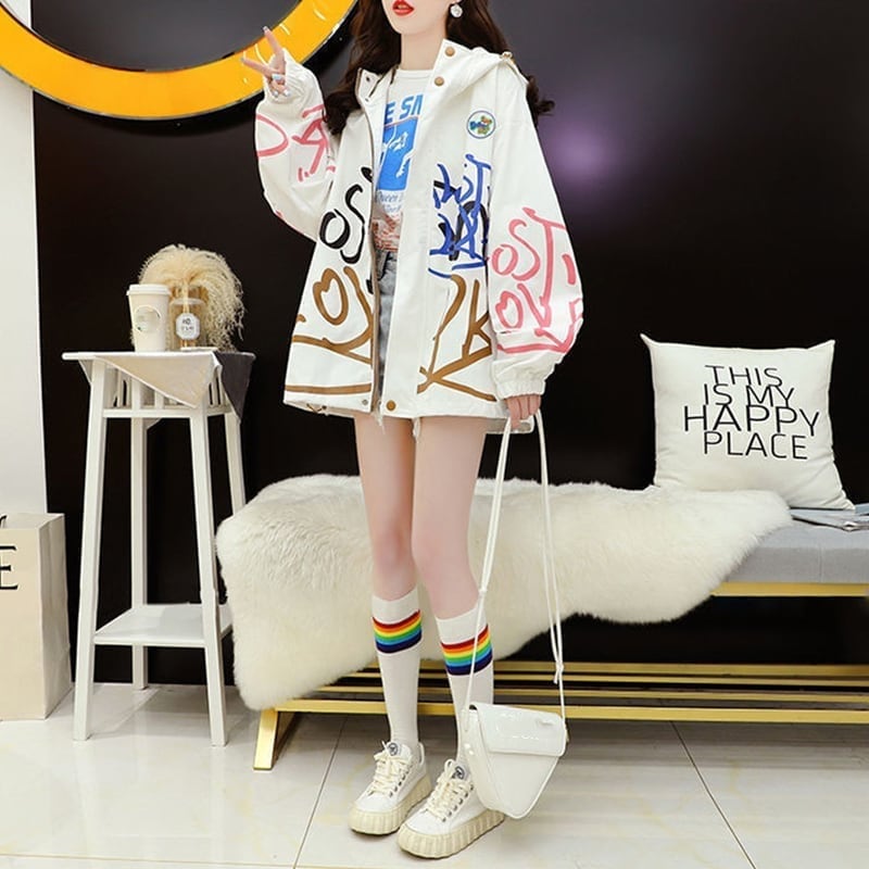 お洒落 長袖 個性的なデザイン 3色選択可 プリント ジャケット ブルゾン アウター<U-2292>