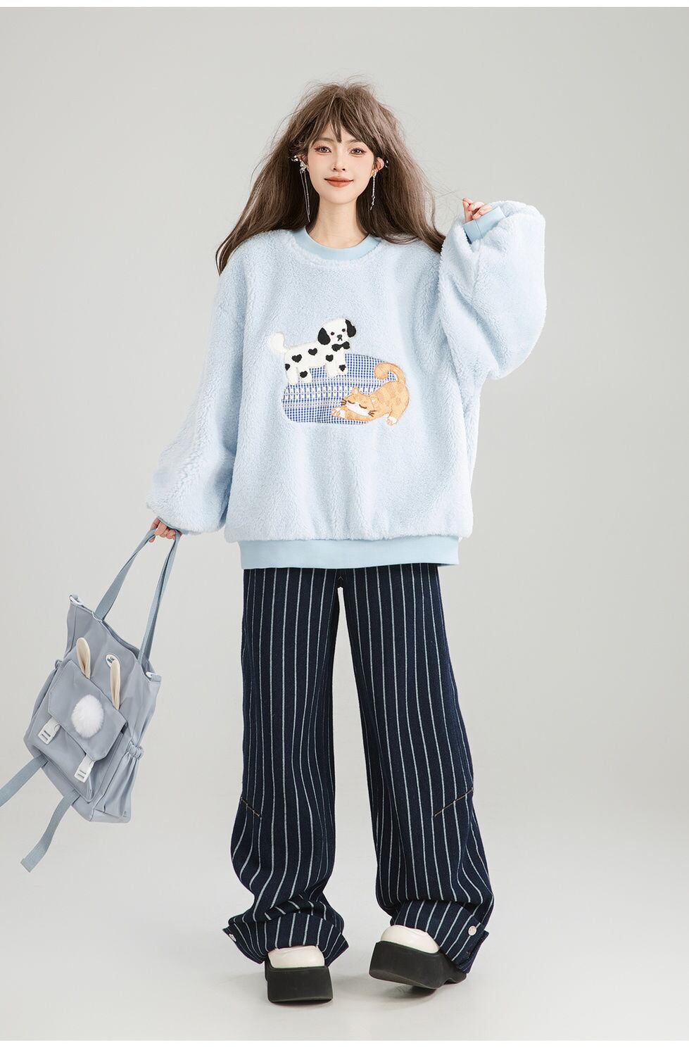 存在感抜群 暖かい服,ゆったりとしたアウターウェア トレンドアイテム ラムスウェットシャツ<U-9961>