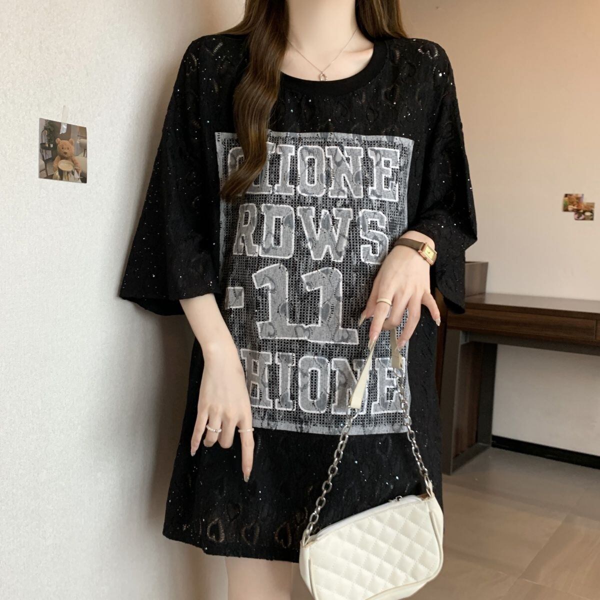 超人気 アバンギャルド 絶対流行 レース プリント全2色 半袖Tシャツ<U-8798>