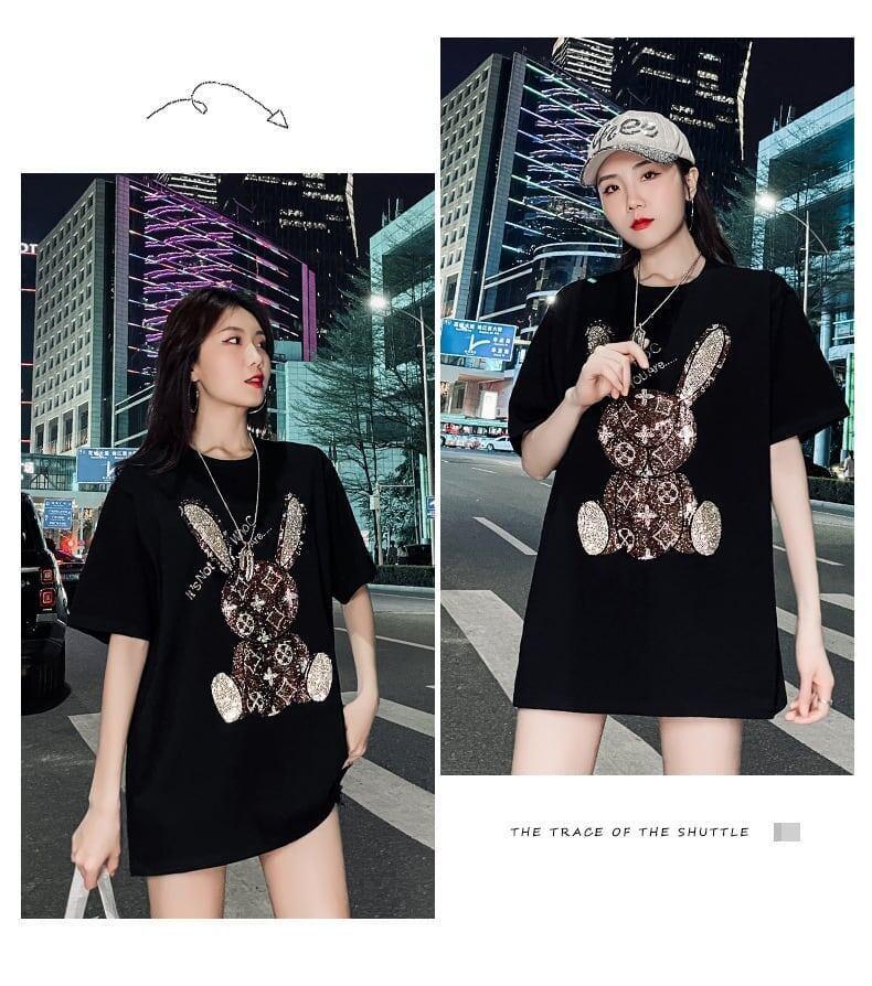 合わせやすい ビジュー ウサギ ロング Tシャツ ゆったり 半袖 <U-2887>
