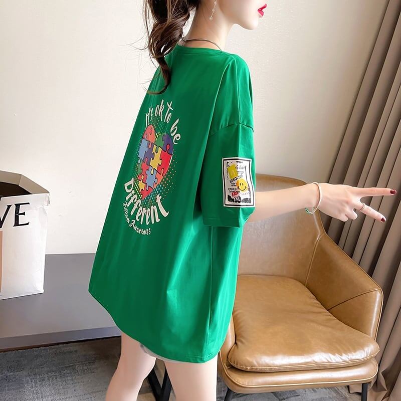 デザイン感 切り替え チャーミング プリント Tシャツ カットソー<U-3409>