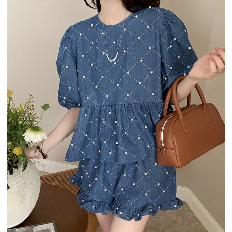 定番シンプル ファッション 個性派 デニム 半袖Tシャツⅹパンツセット<isf-11702>