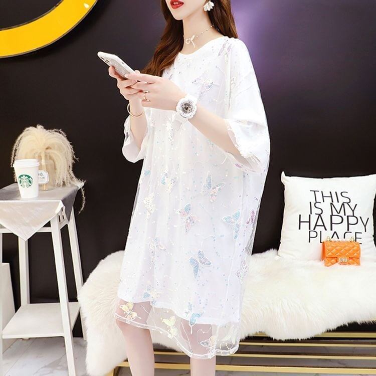 売り切れ必至 チュール生地 レイヤード風 半袖Tシャツ<U-8059>