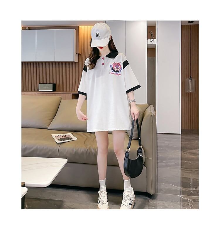 POLOネック 切り替え 熊柄 ロング プリント Tシャツ 二色 ゆったりワンピース <U-3020>