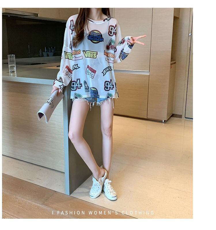 超人気 ルーズ 個性派 日焼け防止に透け感 Tシャツ<U-8052>