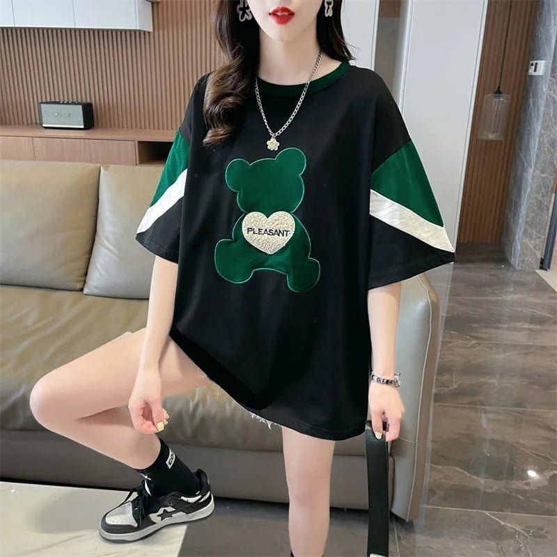 カジュアルルーズワッペン刺繍ステッチカラーブロック半袖Tシャツ<U-2870>