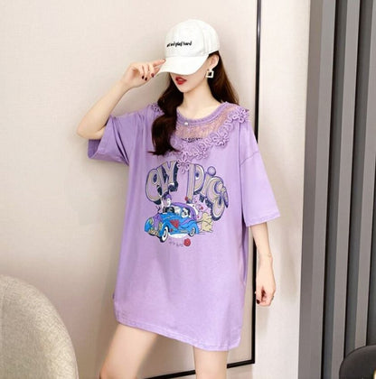 着回し力抜群 プリント カジュアル ビッグロゴ レース 切り替え 半袖Tシャツ 全3色＜U-8423＞