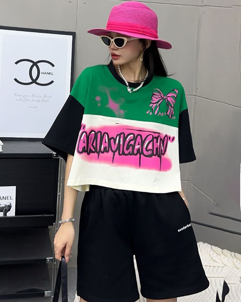 着回し力抜群 切り替え三色 韓国系 ゆったり半袖Tシャツ ＜U-8455＞