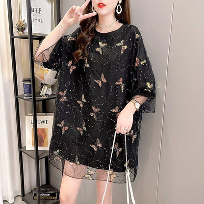イントレンディなメッシュフェイクツーピースバタフライTシャツルーズトップ<U-2858>