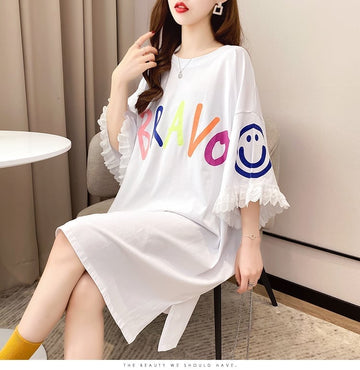 夏新作 アルファベット オーバーサイズ フリル プリントTシャツ 三色 ゆったり半袖＜U-3009＞