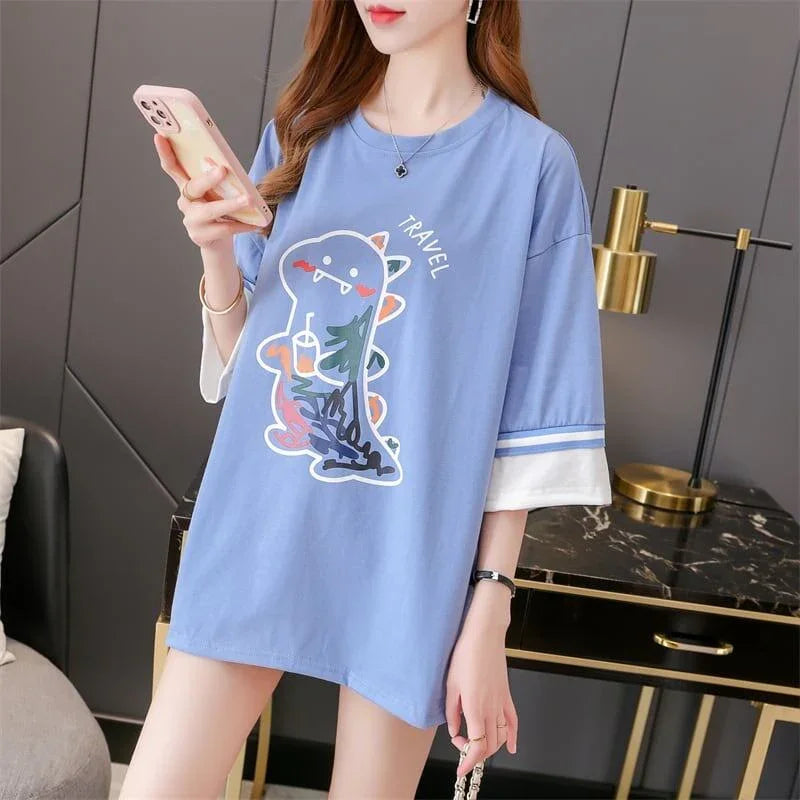 合わせやすい アルファベット ラウンドネック プリントTシャツ ゆったり ワンピース＜U-3992＞