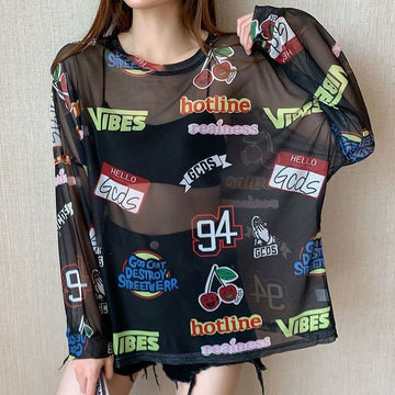 超人気 ルーズ 個性派 日焼け防止に透け感 Tシャツ＜U-8052＞