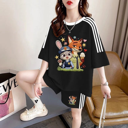 ルーズ レトロ プリント Tシャツ + ショートパンツ セットアップ U-13185