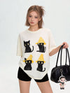 丸首 黒猫プリント 合わせやすい カジュアル 万能 着瘦せ Tシャツ F-50092