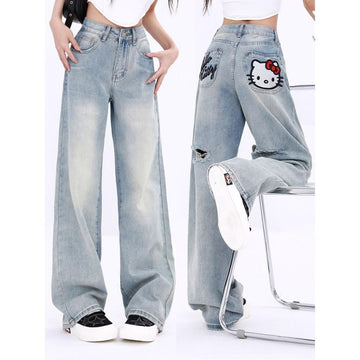 ハイウエスト ダメージ加工 着痩せ ルーズ ワイドデニムパンツ U-13051