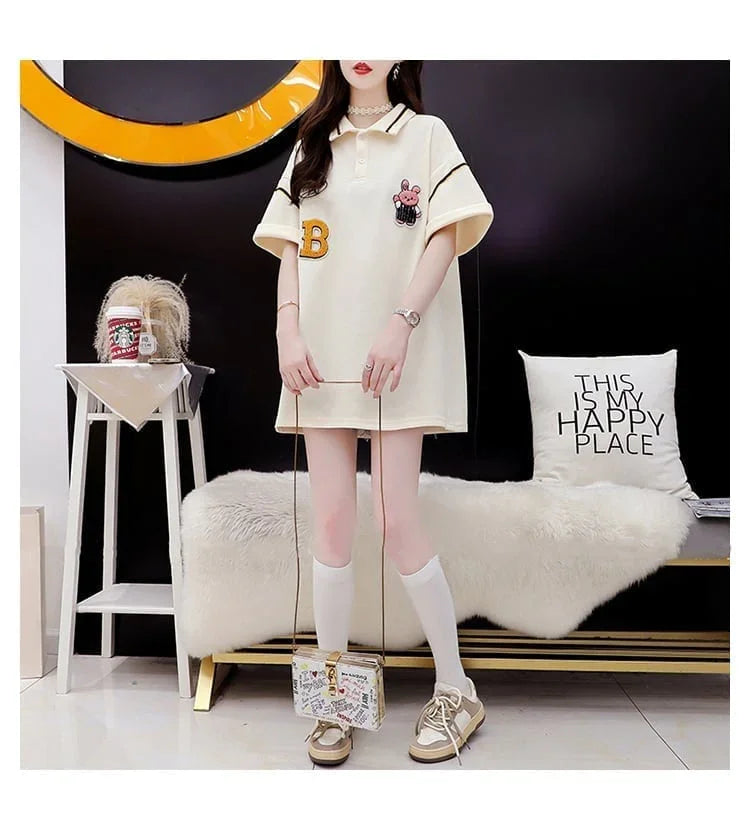 韓国系 ロング POLOネック Tシャツ 四色 ゆったり半袖 ＜U-2869＞