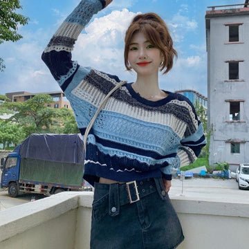 柔らかくて優しい印象 ストライプ柄 切り替え ニットトップス<U-9142>
