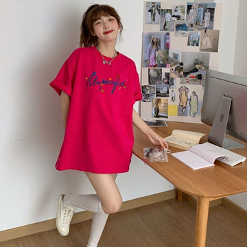 質感のいい アルファベット 刺?ロゴ Tシャツ ローズ ゆったり半袖＜U-2967＞