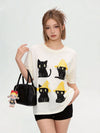 丸首 黒猫プリント 合わせやすい カジュアル 万能 着瘦せ Tシャツ F-50092