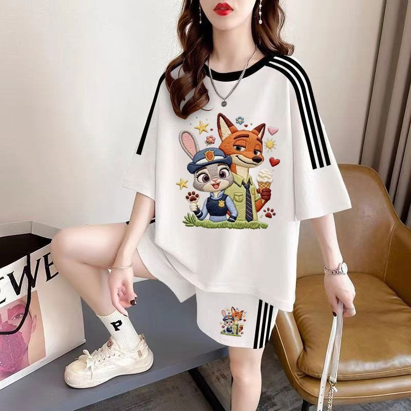 ルーズ レトロ プリント Tシャツ + ショートパンツ セットアップ U-13185