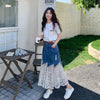 お洒落 レディース 夏服 レース切り替え 半袖 デニムスカート 2点セット U-13050