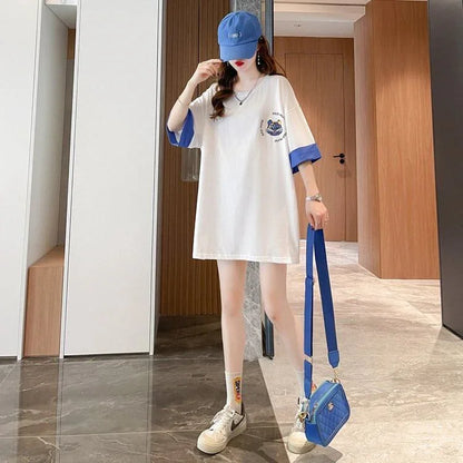 韓国系 ドロップショルダープリント ラウンドネック ロング Tシャツ 三色 ゆったり半袖＜U-3011＞