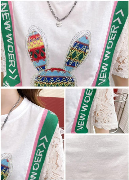 話題沸騰中 レース ビジュー 切り替え ロング Tシャツ ゆったりワンピース ＜U-3032＞