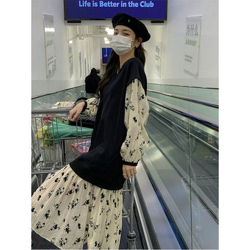 高級感 柔らかくて優しい印象 効果抜群 プリント切り替え ワンピース<U-10854>
