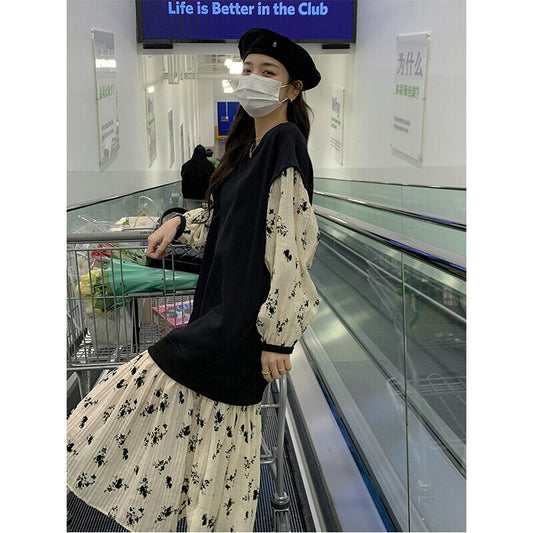高級感 柔らかくて優しい印象 効果抜群 プリント切り替え ワンピース<U-10854>