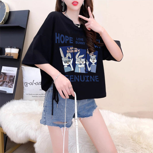 カジュアル清楚 プリント サイドリボン 着痩せ Tシャツ F-13529