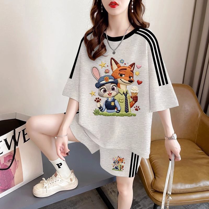 ルーズ レトロ プリント Tシャツ + ショートパンツ セットアップ U-13185