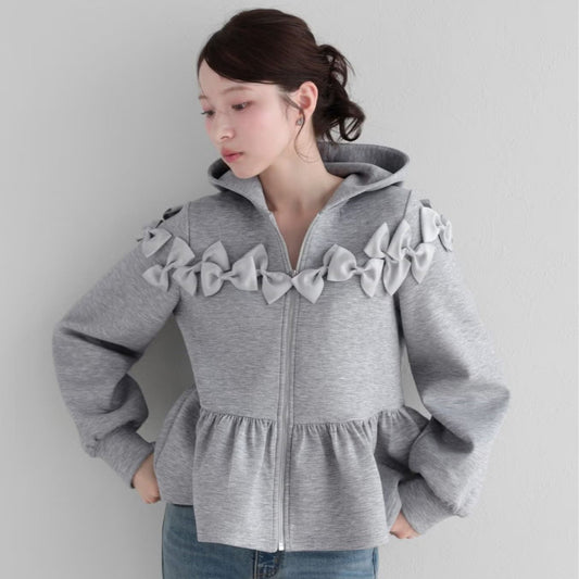 好感度UP リボンモチーフ ペプラム ジップアップ フード付き パーカー F-50201