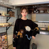 大人可愛い動物柄 ブラックニットセータートップス＜isf-4197＞