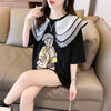 カレッジスタイルのゆったりとしたウエスタンスタイルのネイビーカラー漫画柄Tシャ<U-2897>
